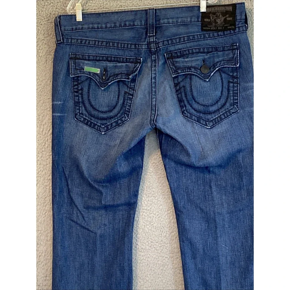 True Religion Mens Ricky Big T Relaxed Straight Blue Jeans 40x34 Whiskers (flaw)